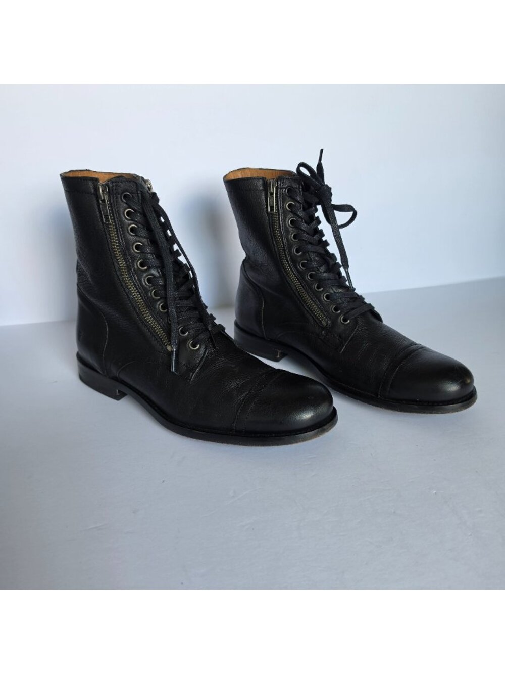 Frye Men’s 8D Black Leather Combat Moto Boots Lace Up Side Zip Made in Mexico